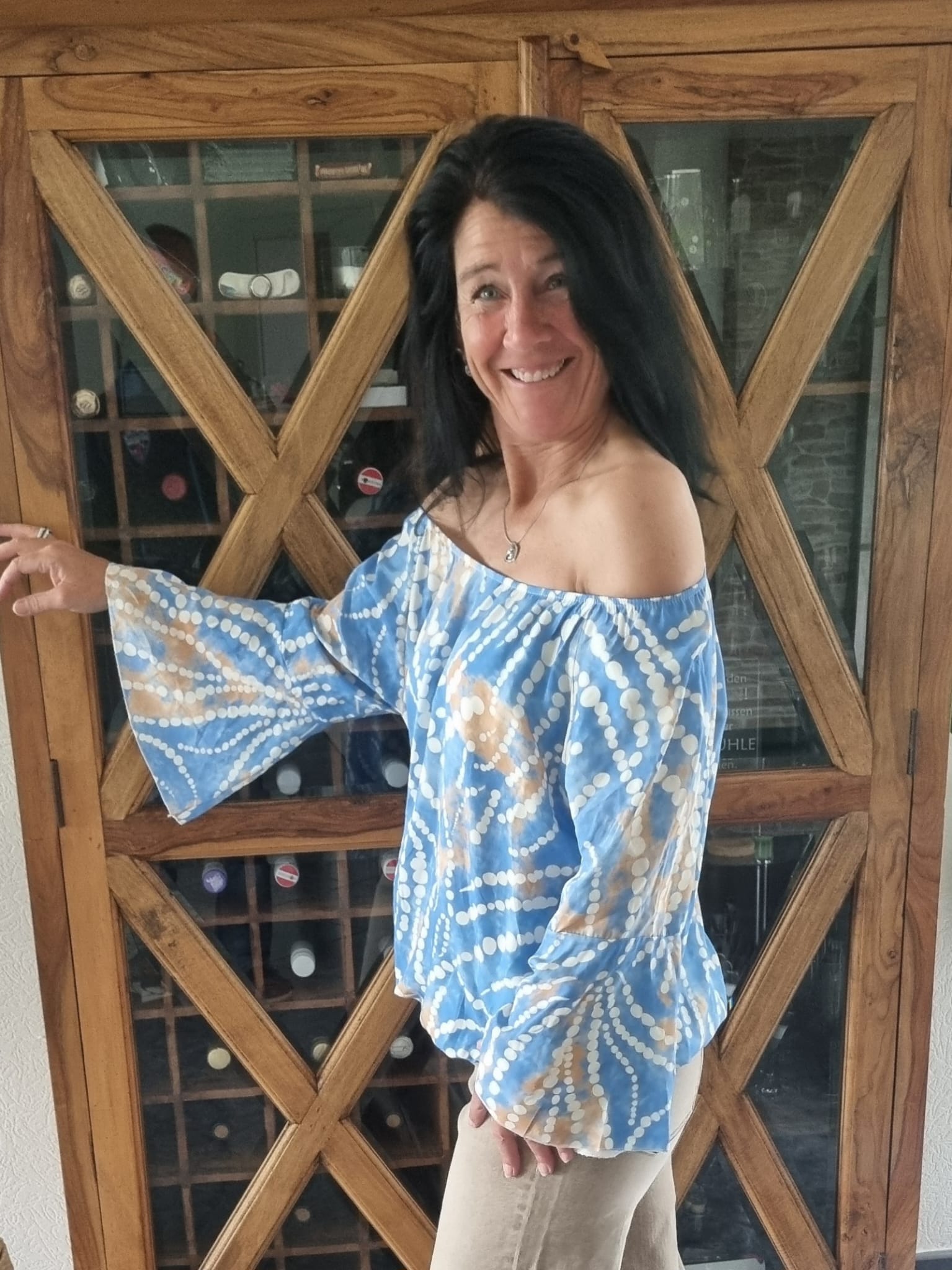 Bluse Blau-Beige-Ecru