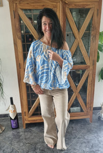 Bluse Blau-Beige-Ecru